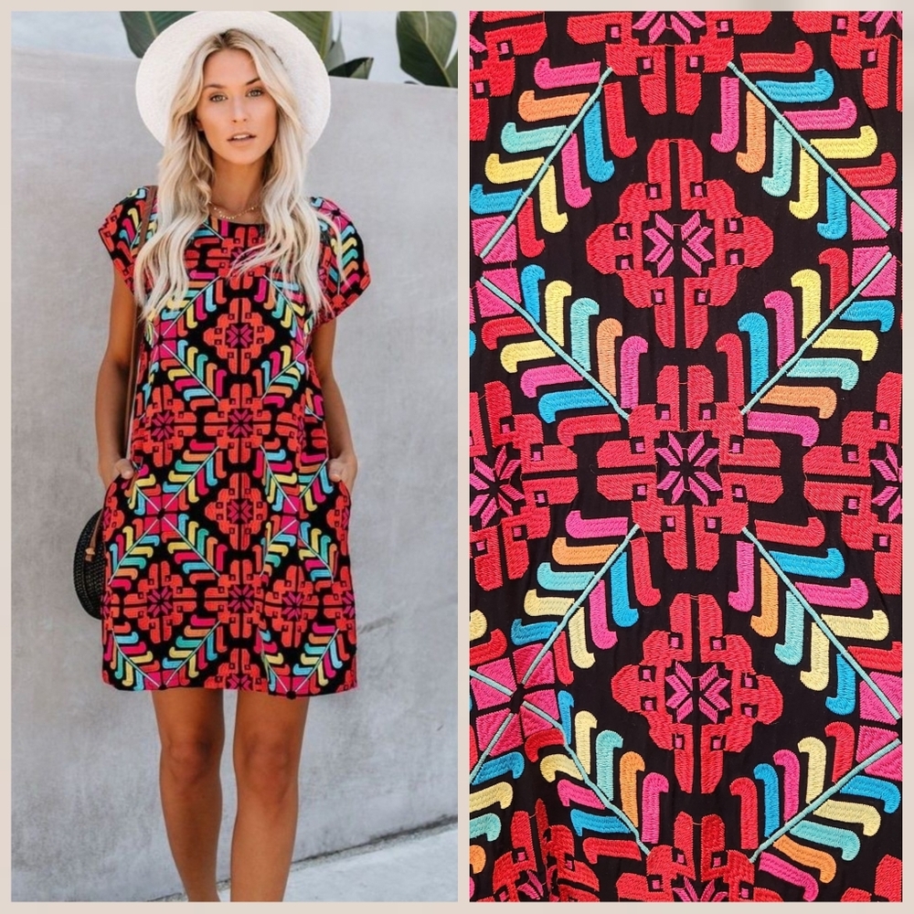 J.Marie Embroidered Shift Dress Vacation Resortwear Bright Mexico Geometric Sz S